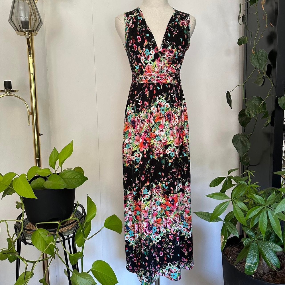 Apt. 9 Black Floral Maxi Dress V-Neck Braided Waist Sleeveless Y2K Style Medium